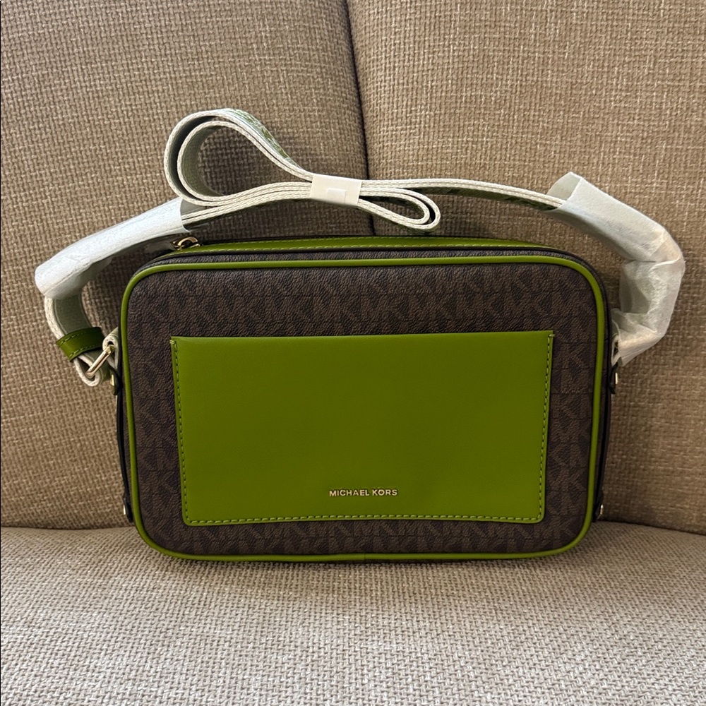 Michael Kors Brown MK Logo Crossbody with Olive Green Front Pocket - Picture 5 of 6